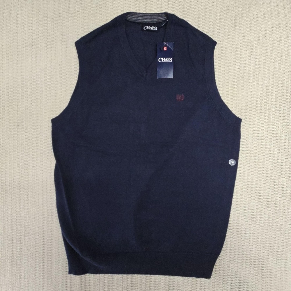 Chaps Sweater Vest Mens Medium Navy V Neck Knit Logo Sleeveless Classic